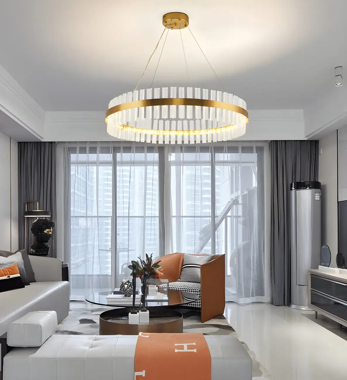 Lustre moderne rond en laiton et cristal pour îlot central