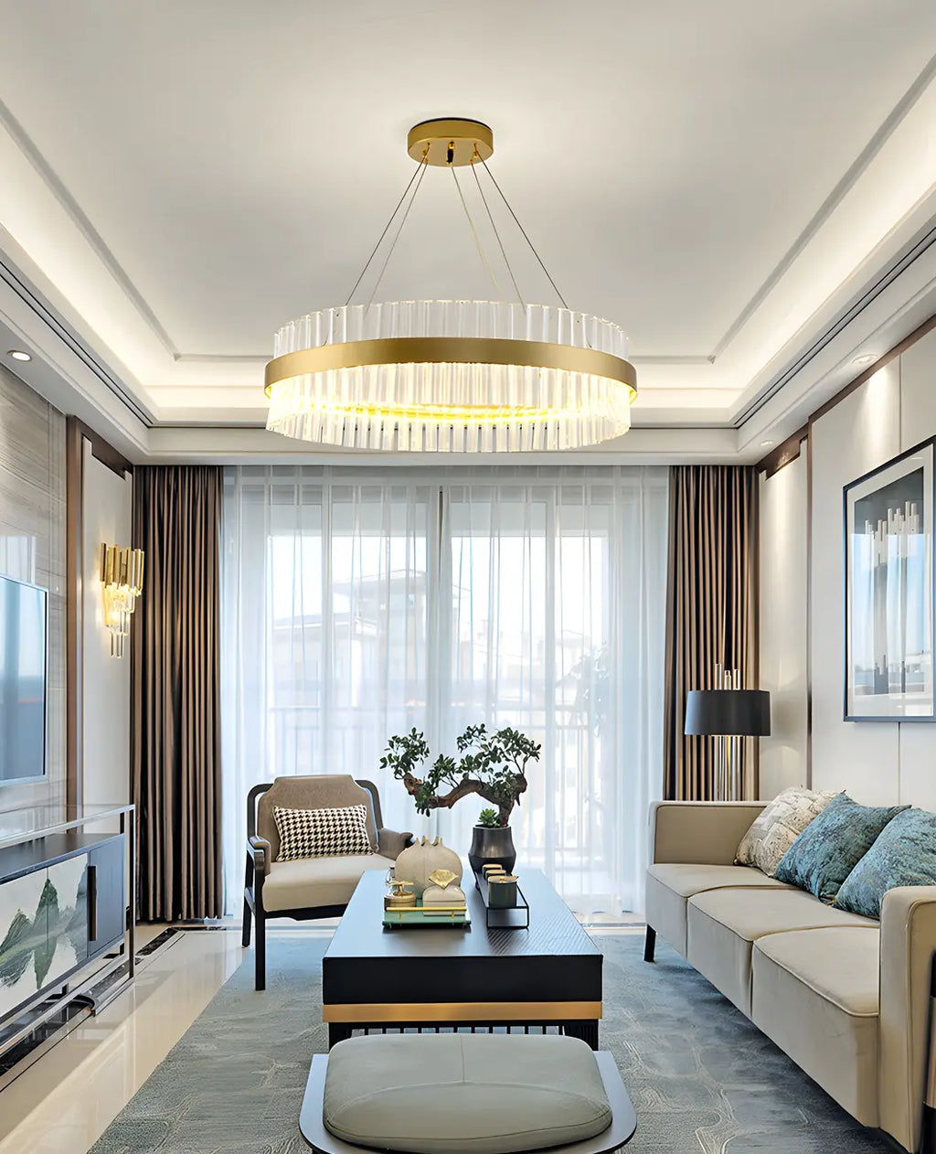 Lustre moderne rond en laiton et cristal pour îlot central