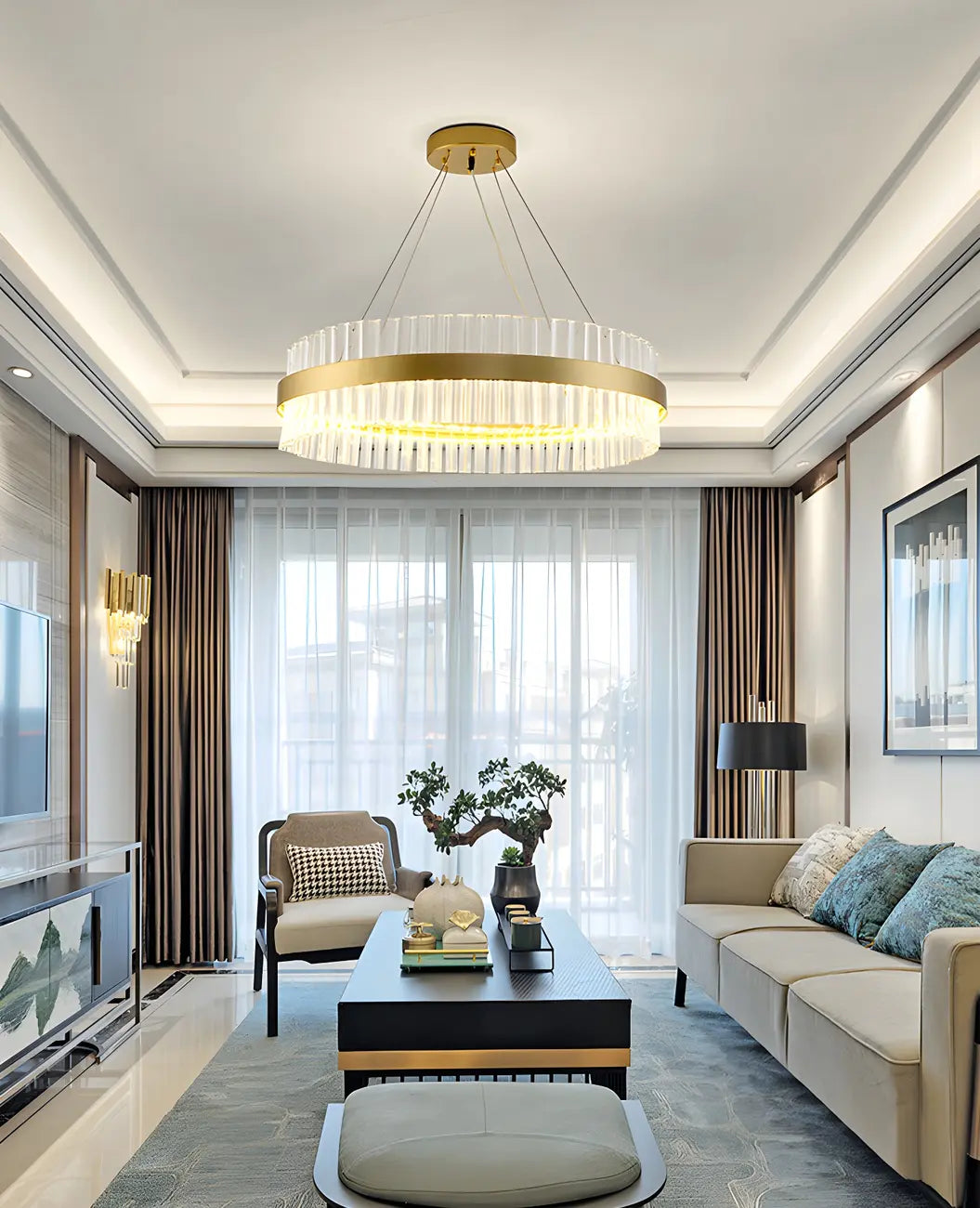 Lustre moderne rond en laiton et cristal pour îlot central