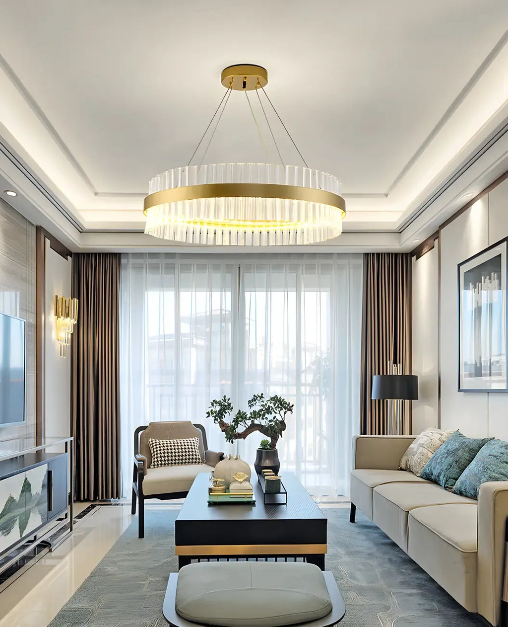 Lustre moderne rond en laiton et cristal pour îlot central