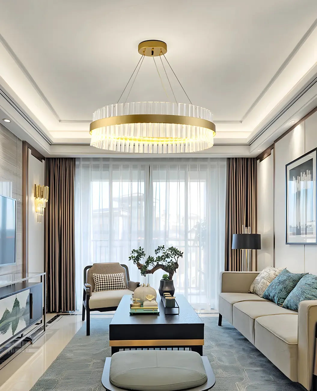 Lustre moderne rond en laiton et cristal pour îlot central