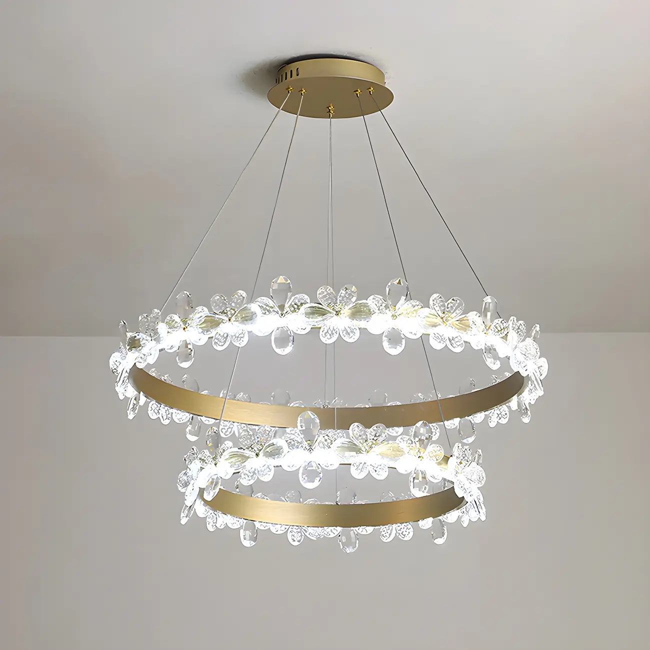 Lustre moderne doré à LED dimmable avec anneau en cristal et fleurs