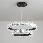 Lustre moderne doré à LED dimmable avec anneau en cristal et fleurs