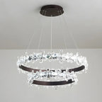 Lustre moderne doré à LED dimmable avec anneau en cristal et fleurs