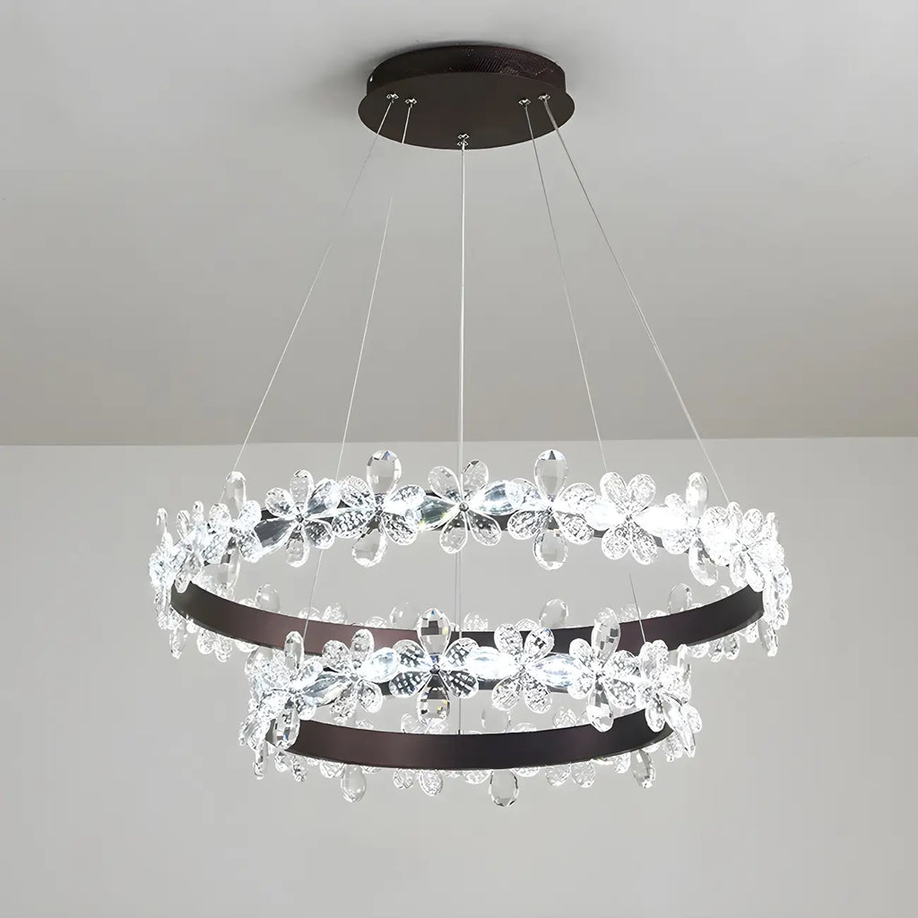 Lustre moderne doré à LED dimmable avec anneau en cristal et fleurs