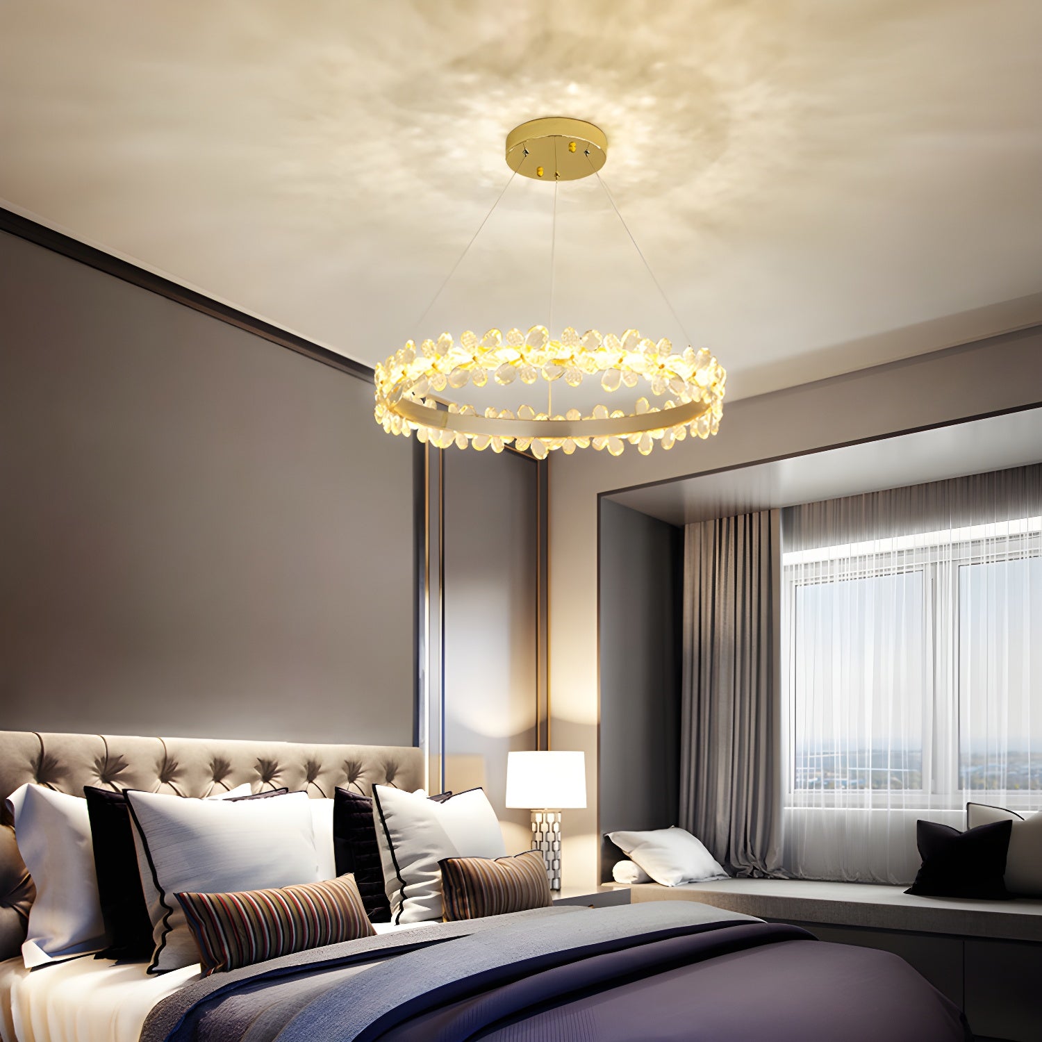 Lustre moderne doré à LED dimmable avec anneau en cristal et fleurs