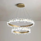 Lustre moderne doré à LED dimmable avec anneau en cristal et fleurs