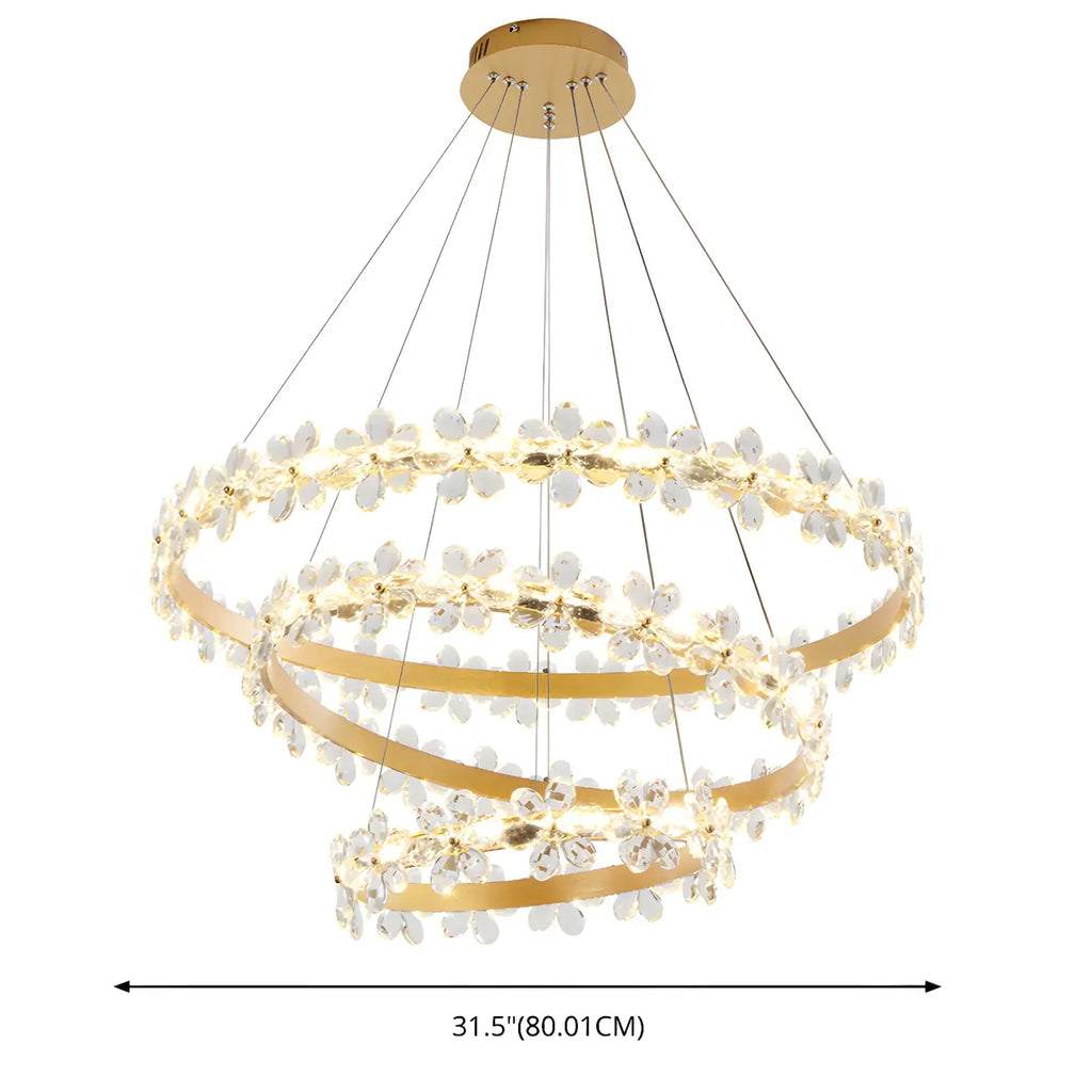 Lustre moderne doré à LED dimmable avec anneau en cristal et fleurs