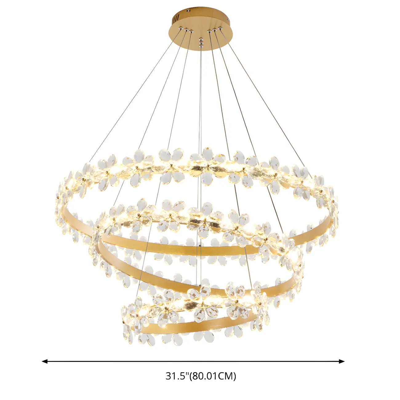 Lustre moderne doré à LED dimmable avec anneau en cristal et fleurs