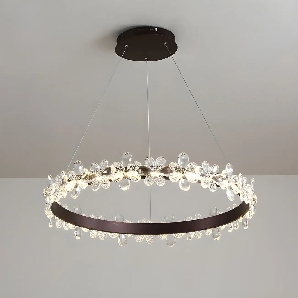 Lustre moderne doré à LED dimmable avec anneau en cristal et fleurs