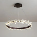 Lustre moderne doré à LED dimmable avec anneau en cristal et fleurs