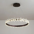 Lustre moderne doré à LED dimmable avec anneau en cristal et fleurs