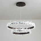 Lustre moderne doré à LED dimmable avec anneau en cristal et fleurs