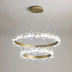 Lustre moderne doré à LED dimmable avec anneau en cristal et fleurs