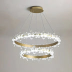 Lustre moderne doré à LED dimmable avec anneau en cristal et fleurs