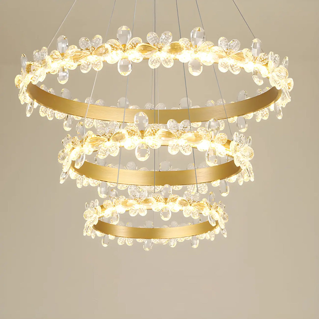 Lustre moderne doré à LED dimmable avec anneau en cristal et fleurs