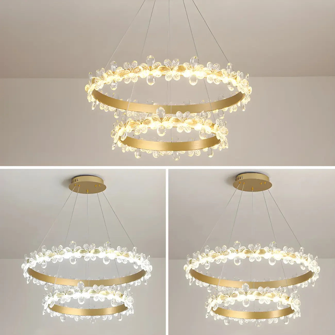 Lustre moderne doré à LED dimmable avec anneau en cristal et fleurs