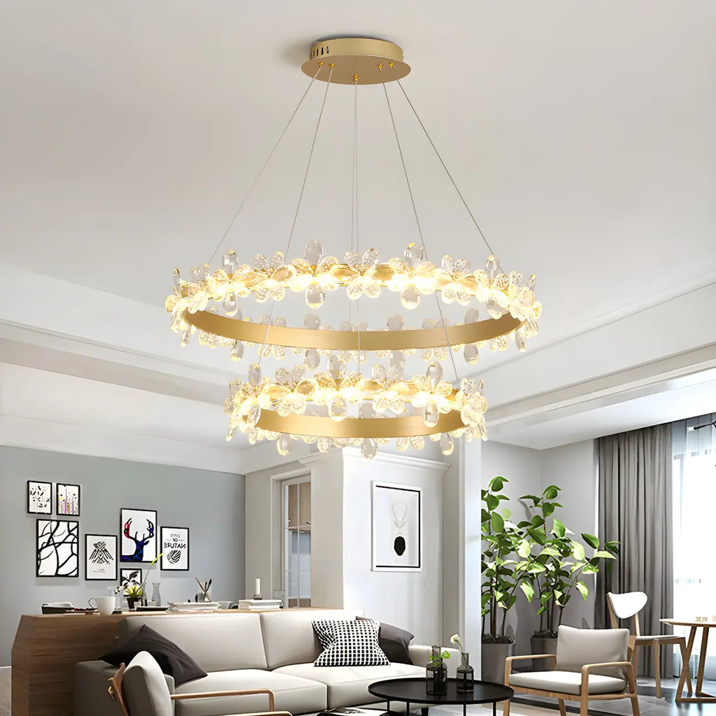 Lustre moderne doré à LED dimmable avec anneau en cristal et fleurs