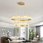 Lustre moderne doré à LED dimmable avec anneau en cristal et fleurs