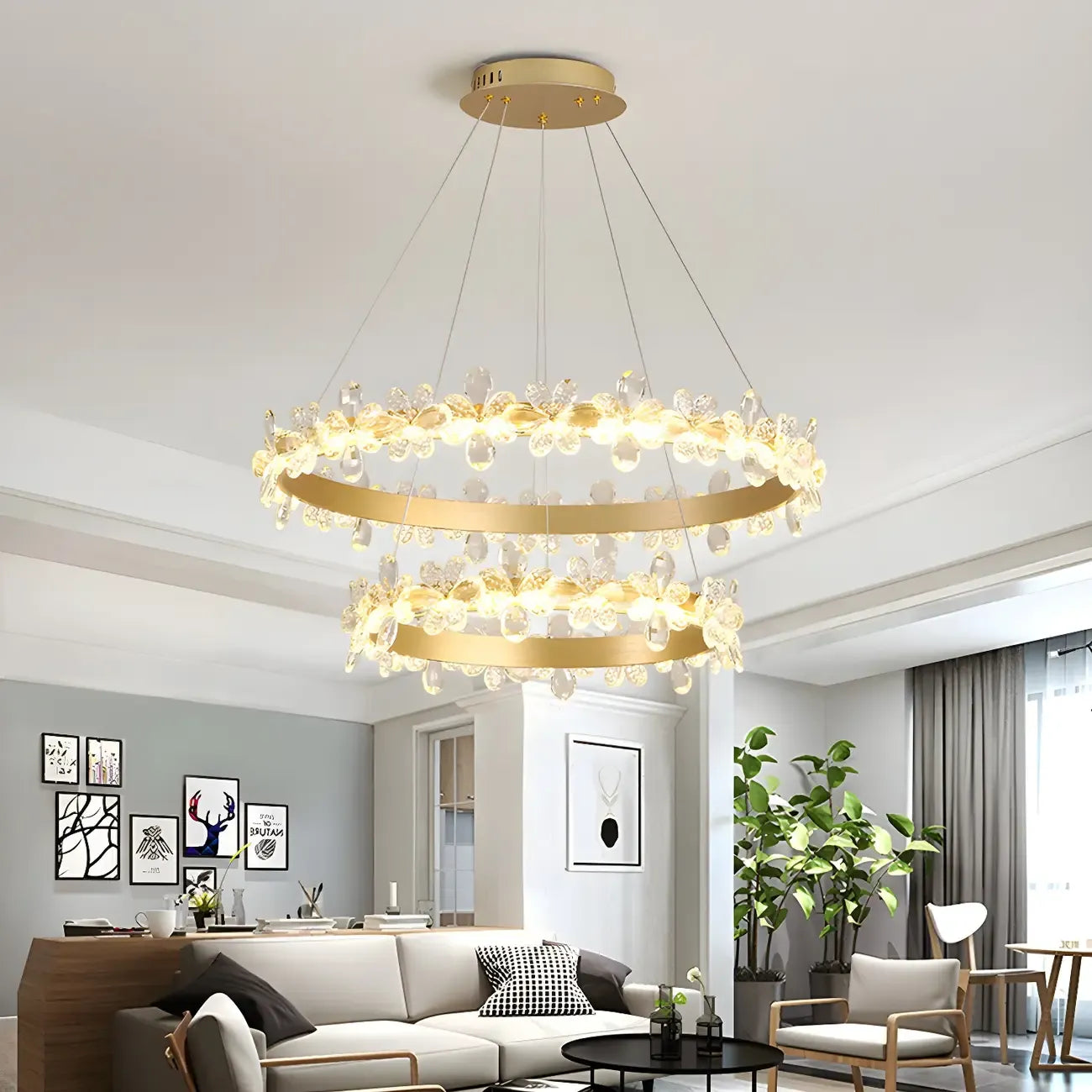 Lustre moderne doré à LED dimmable avec anneau en cristal et fleurs