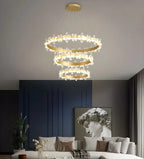 Lustre moderne doré à LED dimmable avec anneau en cristal et fleurs