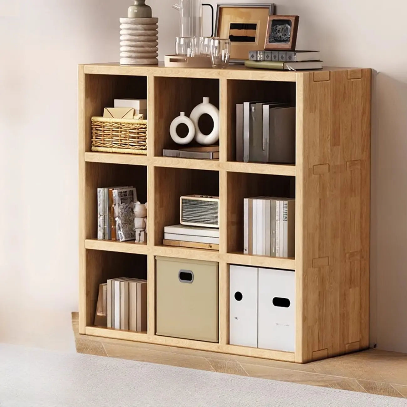 Bibliothèque horizontale moderne en bois à 8 cubes, finition naturelle