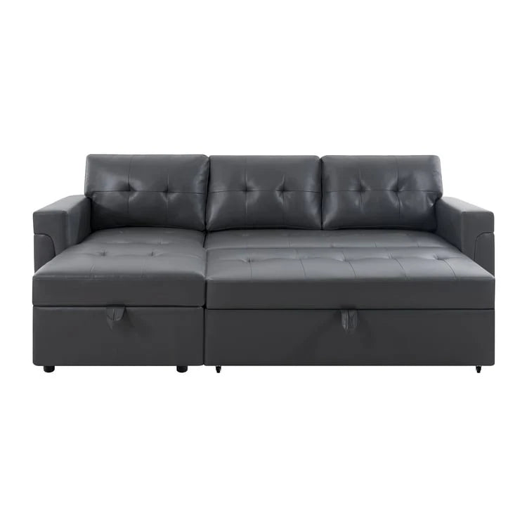 Canapé d'angle convertible et réversible avec lit gigogne, méridienne de rangement dissimulée et pieds robustes.