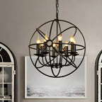 Lustre industriel en métal noir avec globe et cage, type candélabre