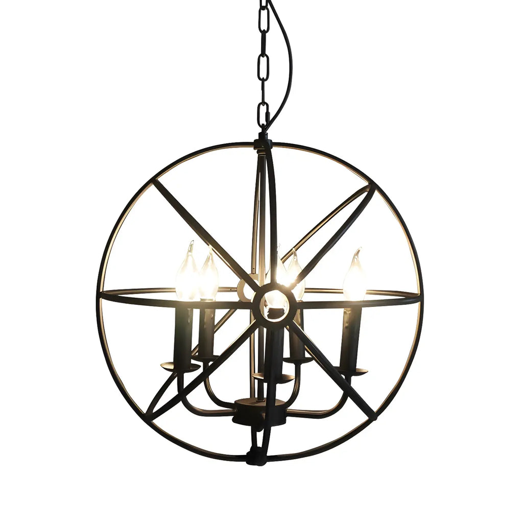 Lustre industriel en métal noir avec globe et cage, type candélabre