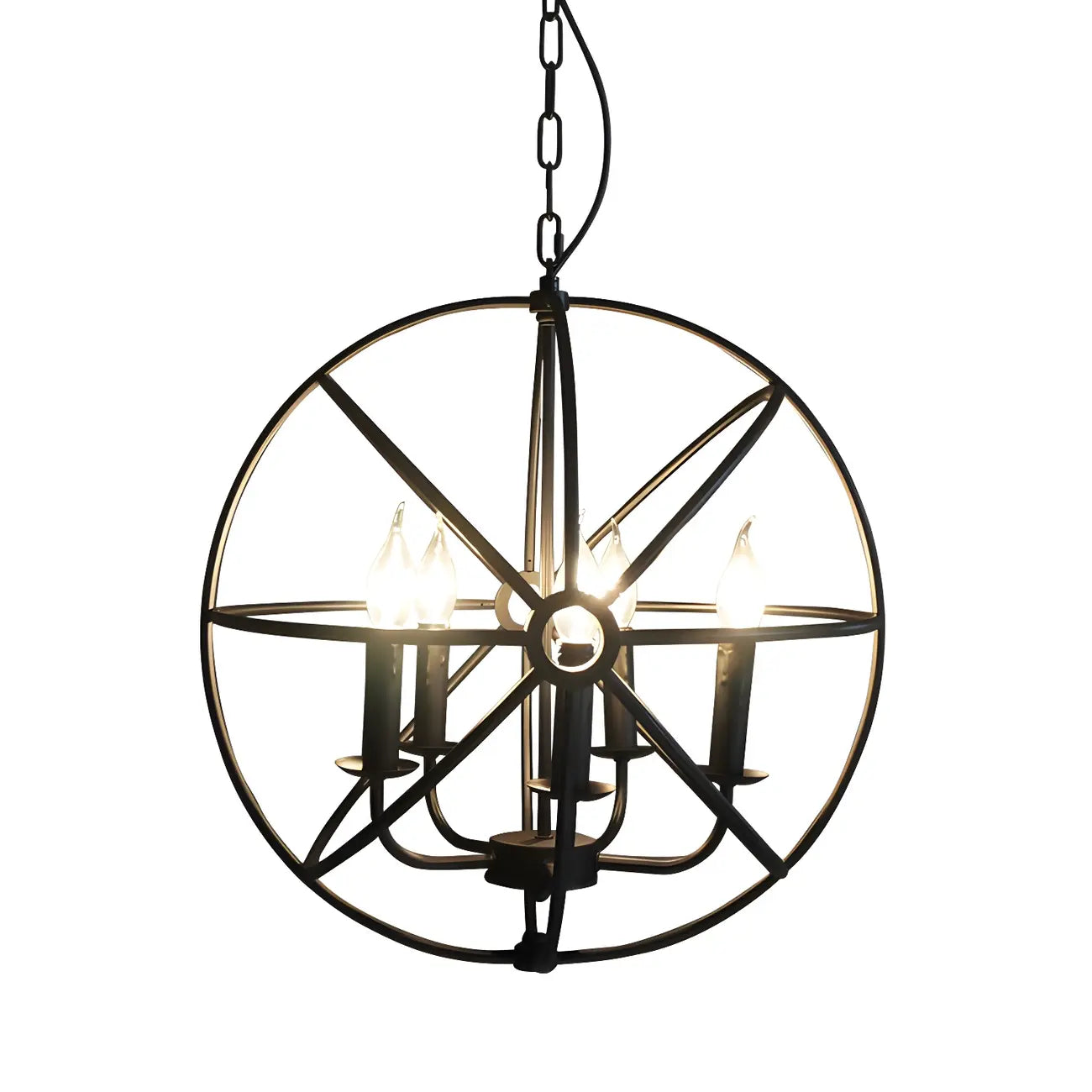 Lustre industriel en métal noir avec globe et cage, type candélabre