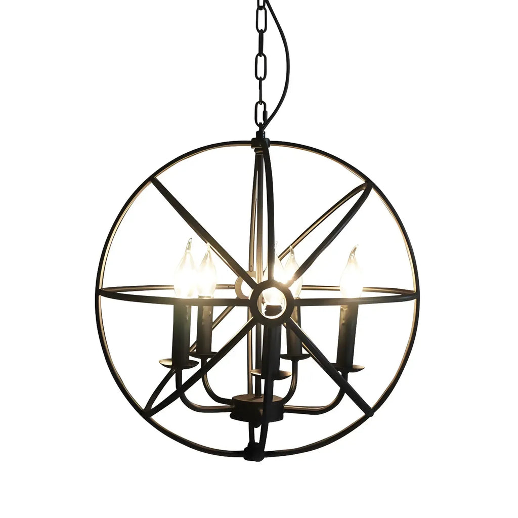 Lustre industriel en métal noir avec globe et cage, type candélabre