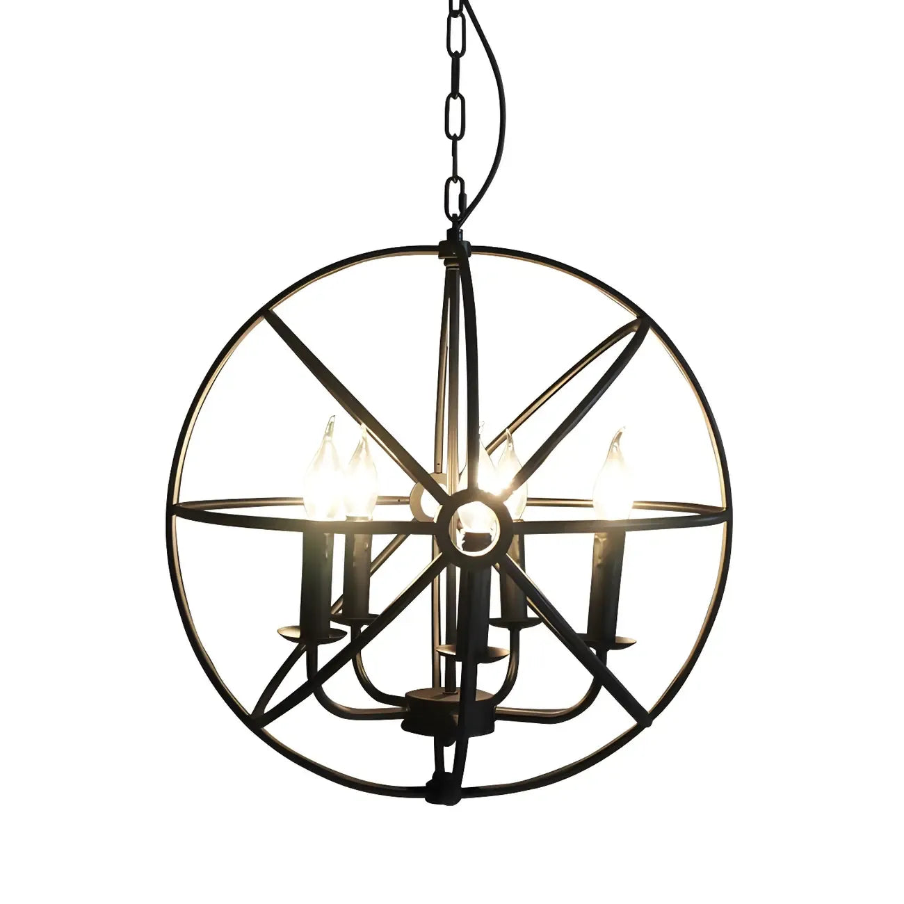 Lustre industriel en métal noir avec globe et cage, type candélabre