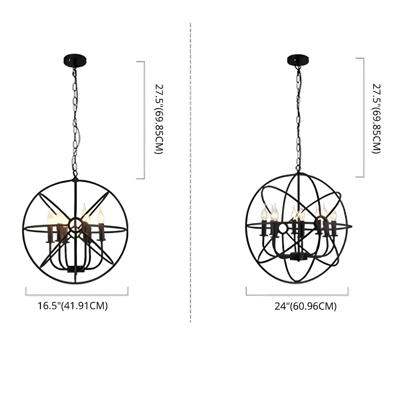Lustre industriel en métal noir avec globe et cage, type candélabre