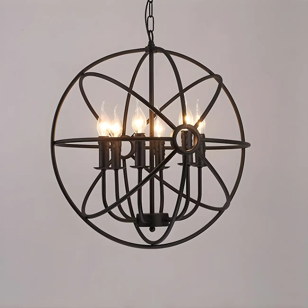 Lustre industriel en métal noir avec globe et cage, type candélabre