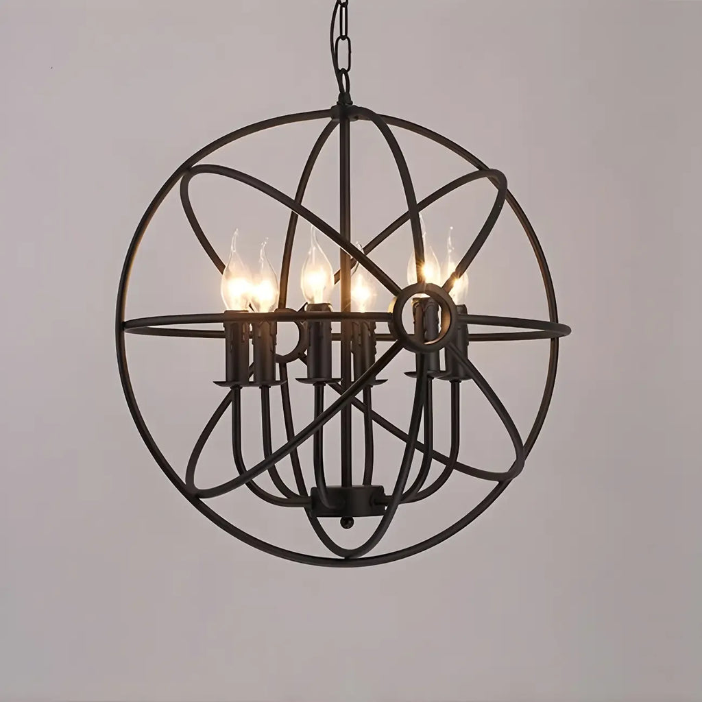 Lustre industriel en métal noir avec globe et cage, type candélabre