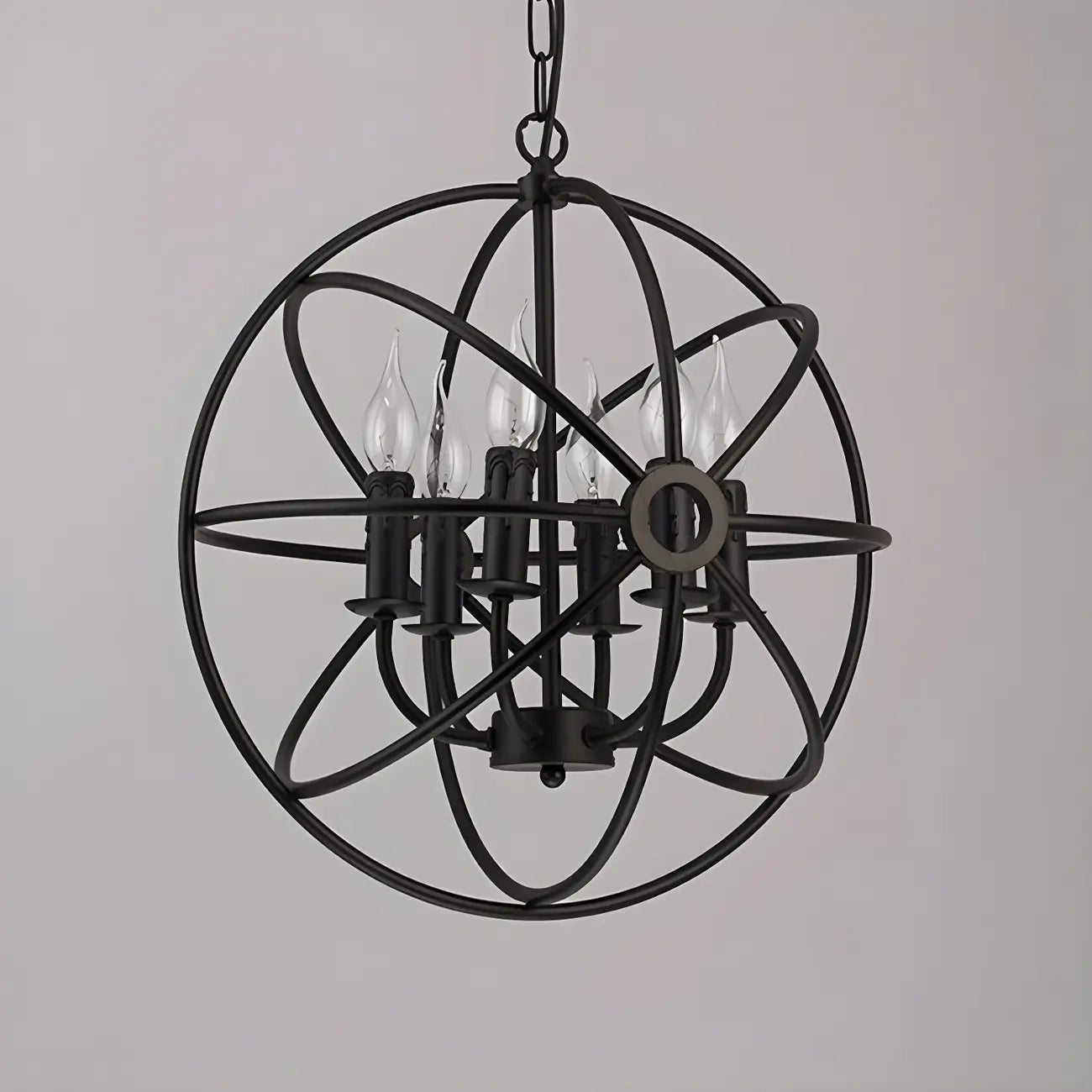 Lustre industriel en métal noir avec globe et cage, type candélabre