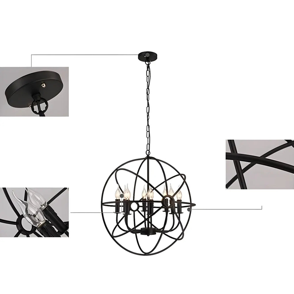 Lustre industriel en métal noir avec globe et cage, type candélabre