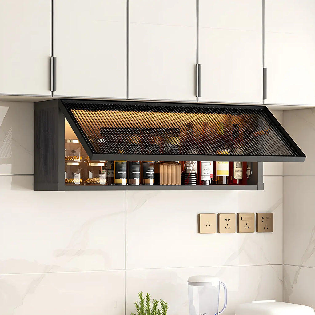 Vitrine de cuisine suspendue en métal gris et verre