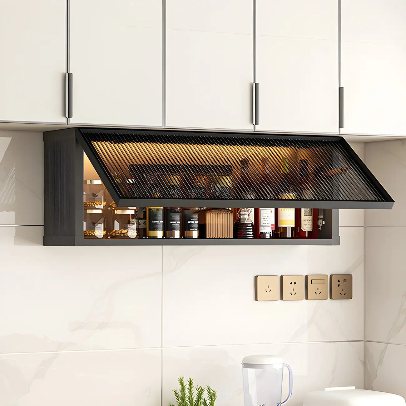 Vitrine de cuisine suspendue en métal gris et verre
