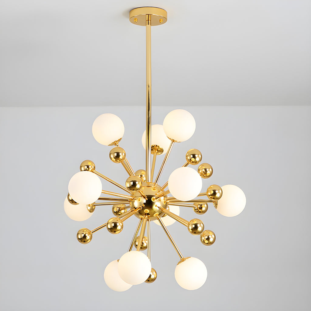Lustre Sputnik sphérique doré moderne avec abat-jour en verre blanc