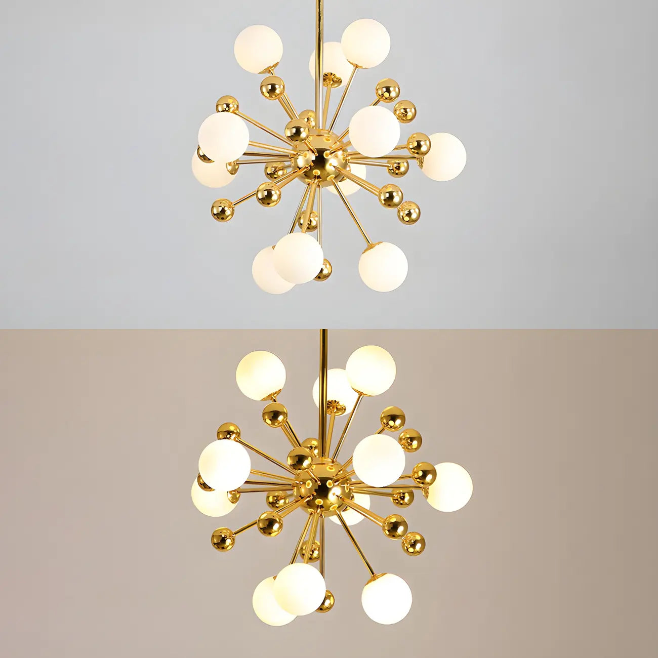 Lustre Sputnik sphérique doré moderne avec abat-jour en verre blanc