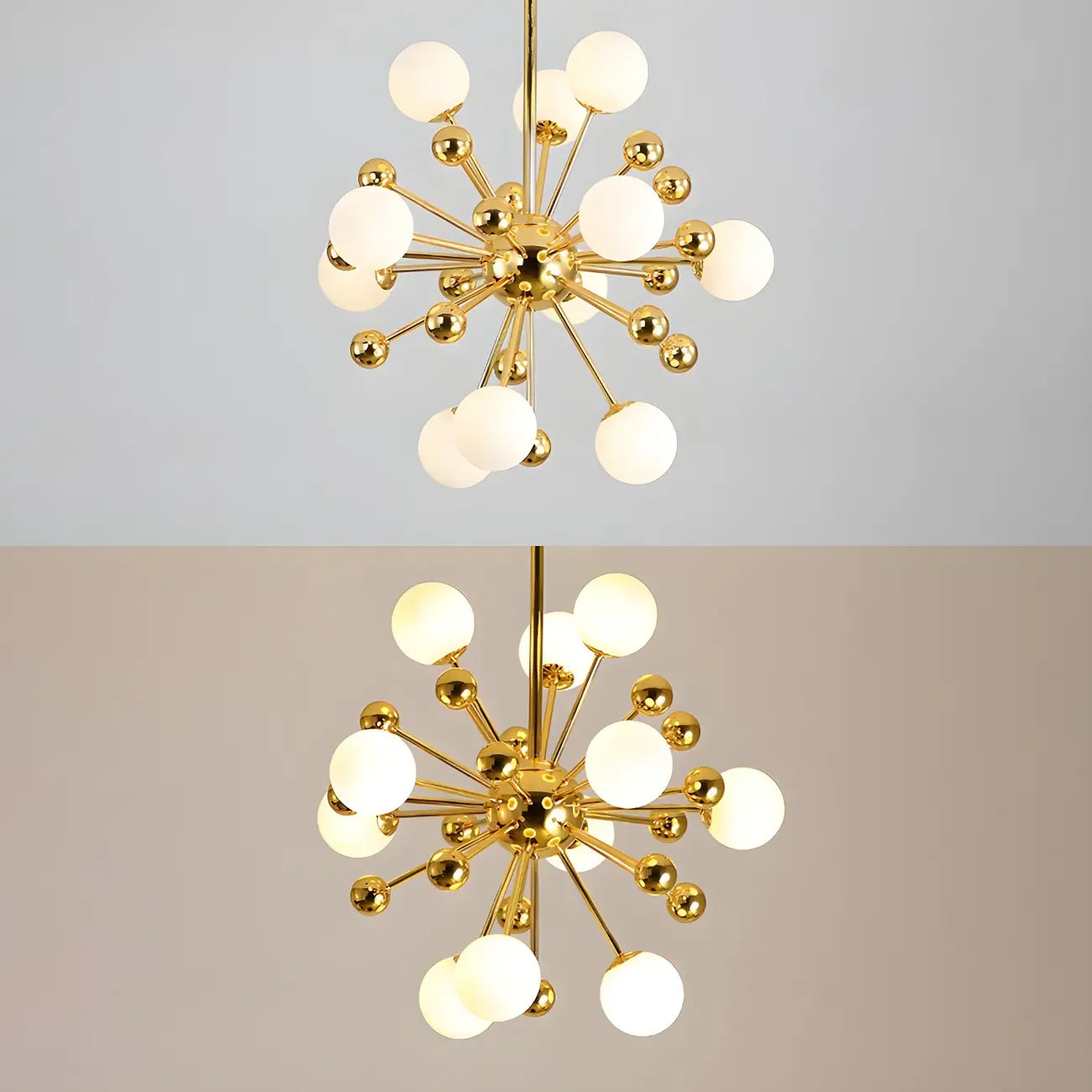 Lustre Sputnik sphérique doré moderne avec abat-jour en verre blanc