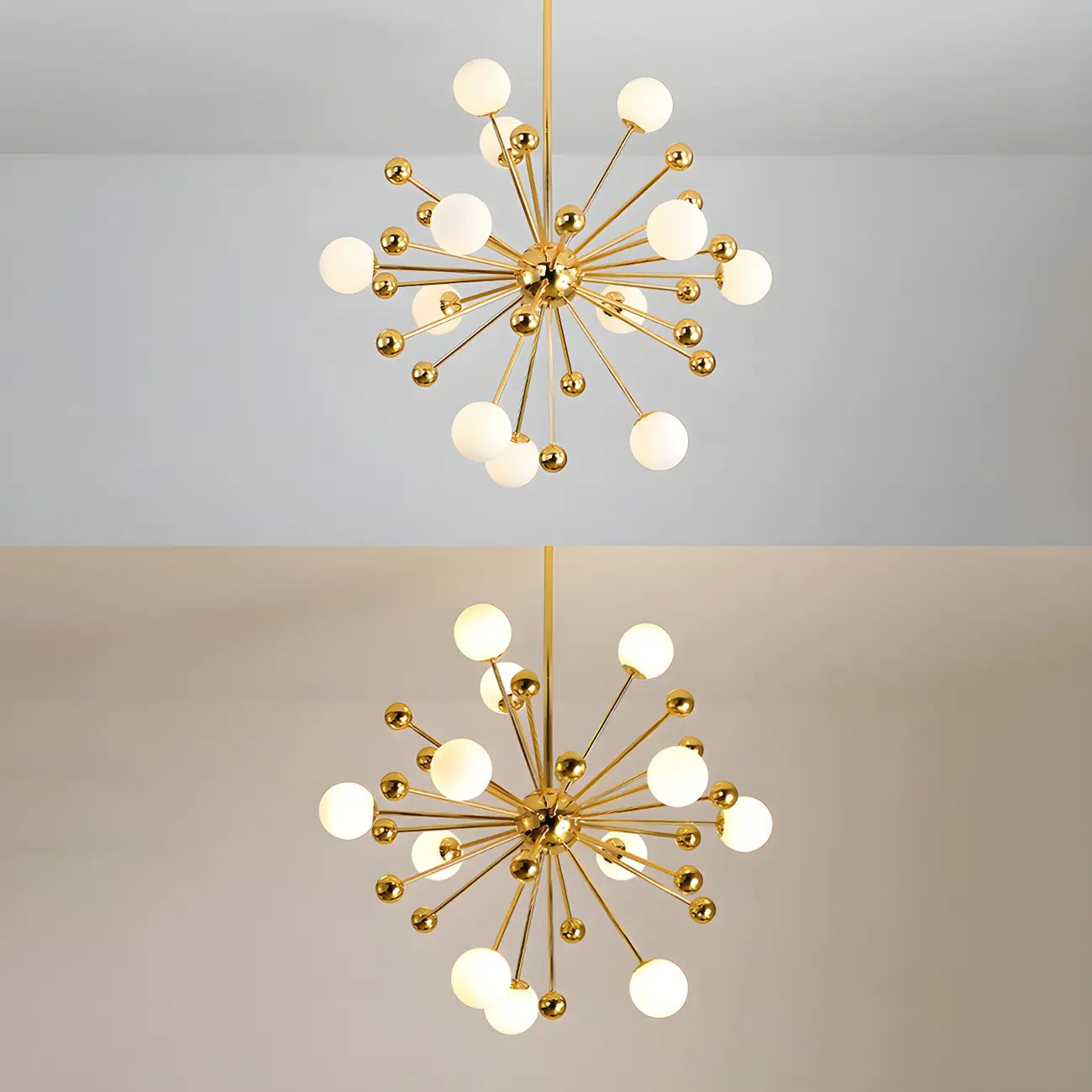 Lustre Sputnik sphérique doré moderne avec abat-jour en verre blanc