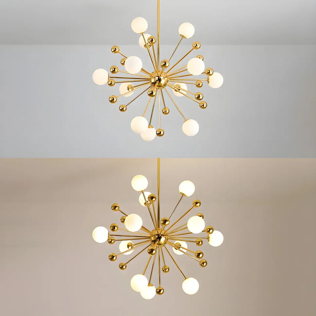 Lustre Sputnik sphérique doré moderne avec abat-jour en verre blanc