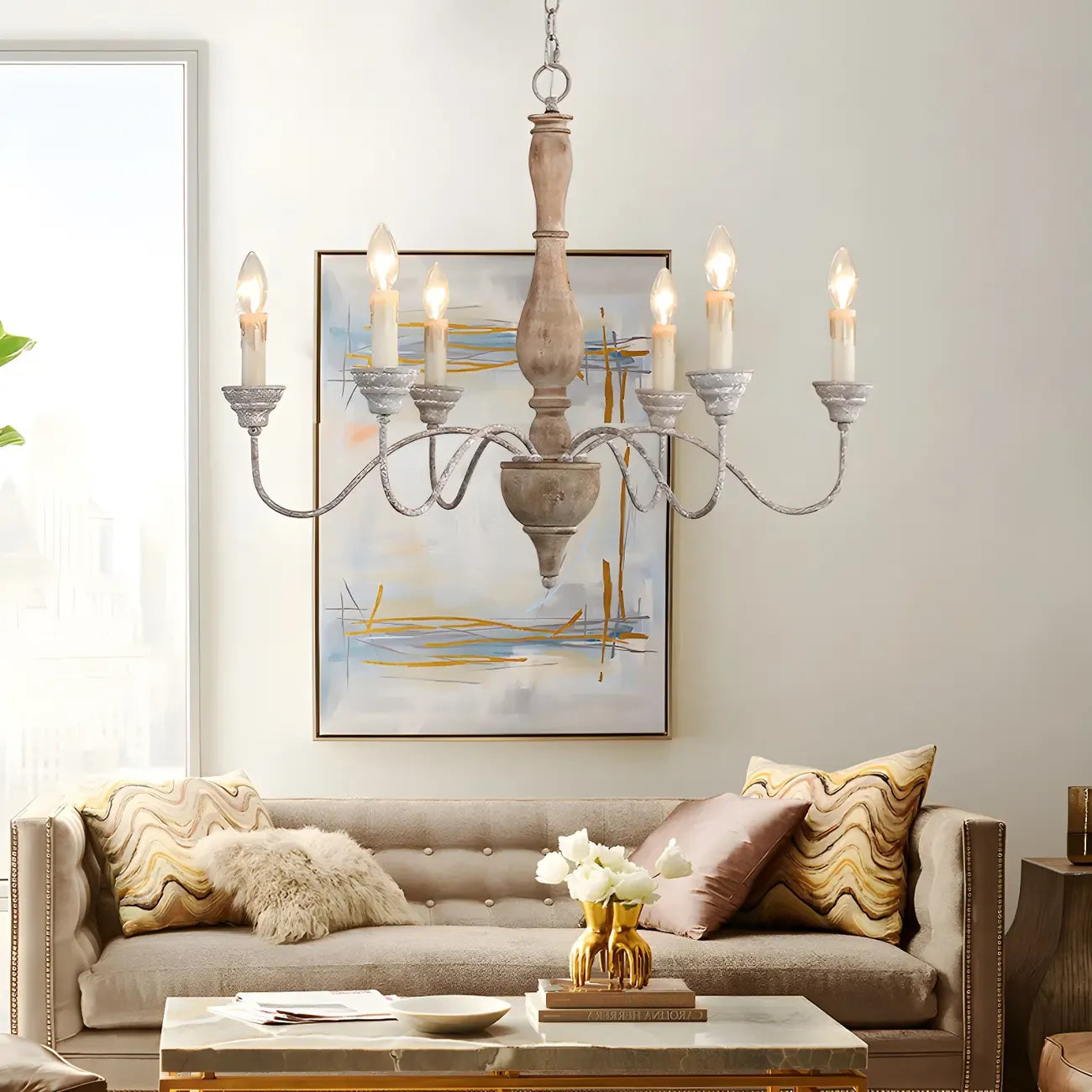 Lampadario classico in legno a 6 luci con candelabro e catena di montaggio