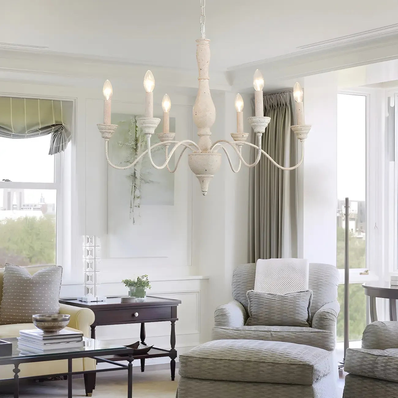 Lampadario classico in legno a 6 luci con candelabro e catena di montaggio