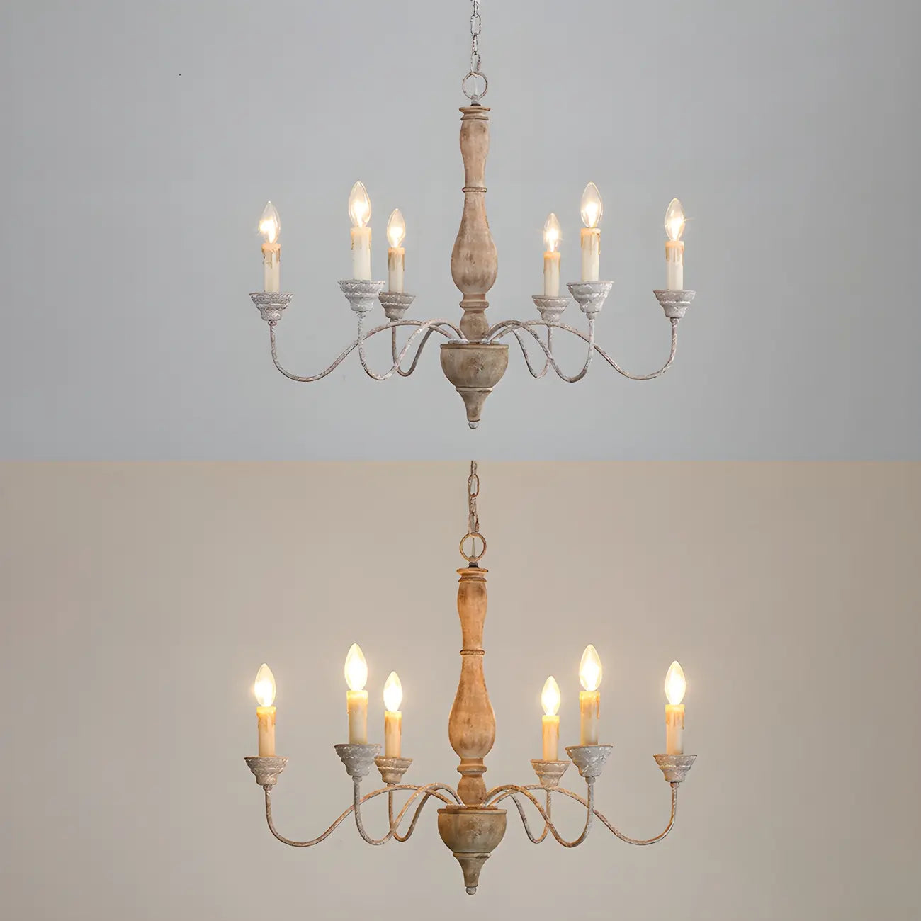 Lampadario classico in legno a 6 luci con candelabro e catena di montaggio
