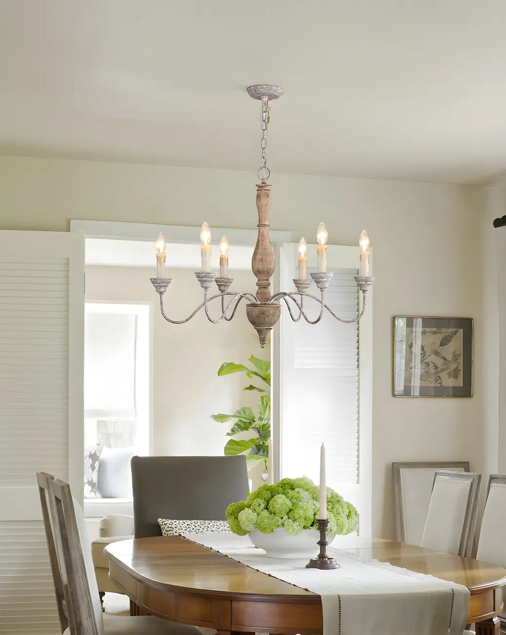 Lampadario classico in legno a 6 luci con candelabro e catena di montaggio