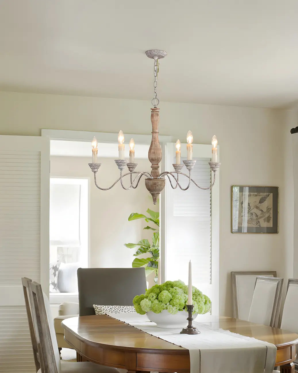 Lampadario classico in legno a 6 luci con candelabro e catena di montaggio