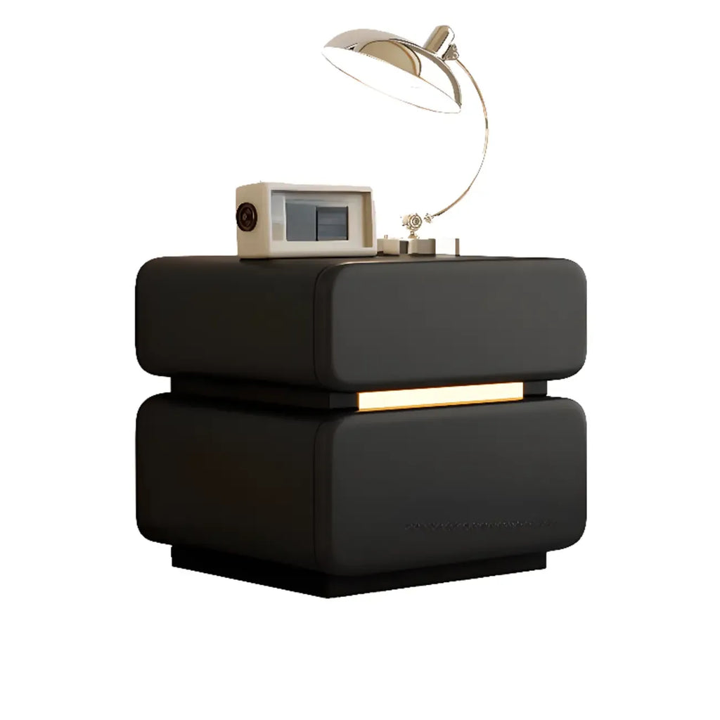 Table de chevet moderne avec plateau en cuir noir et 2 tiroirs